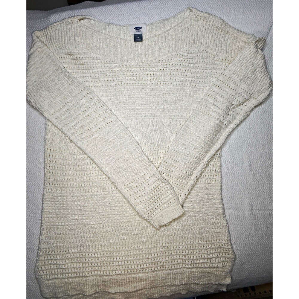 Old Navy Boat Neck Knit Pullover Sweater Ivory Solid Ribbed Long Sleeve M